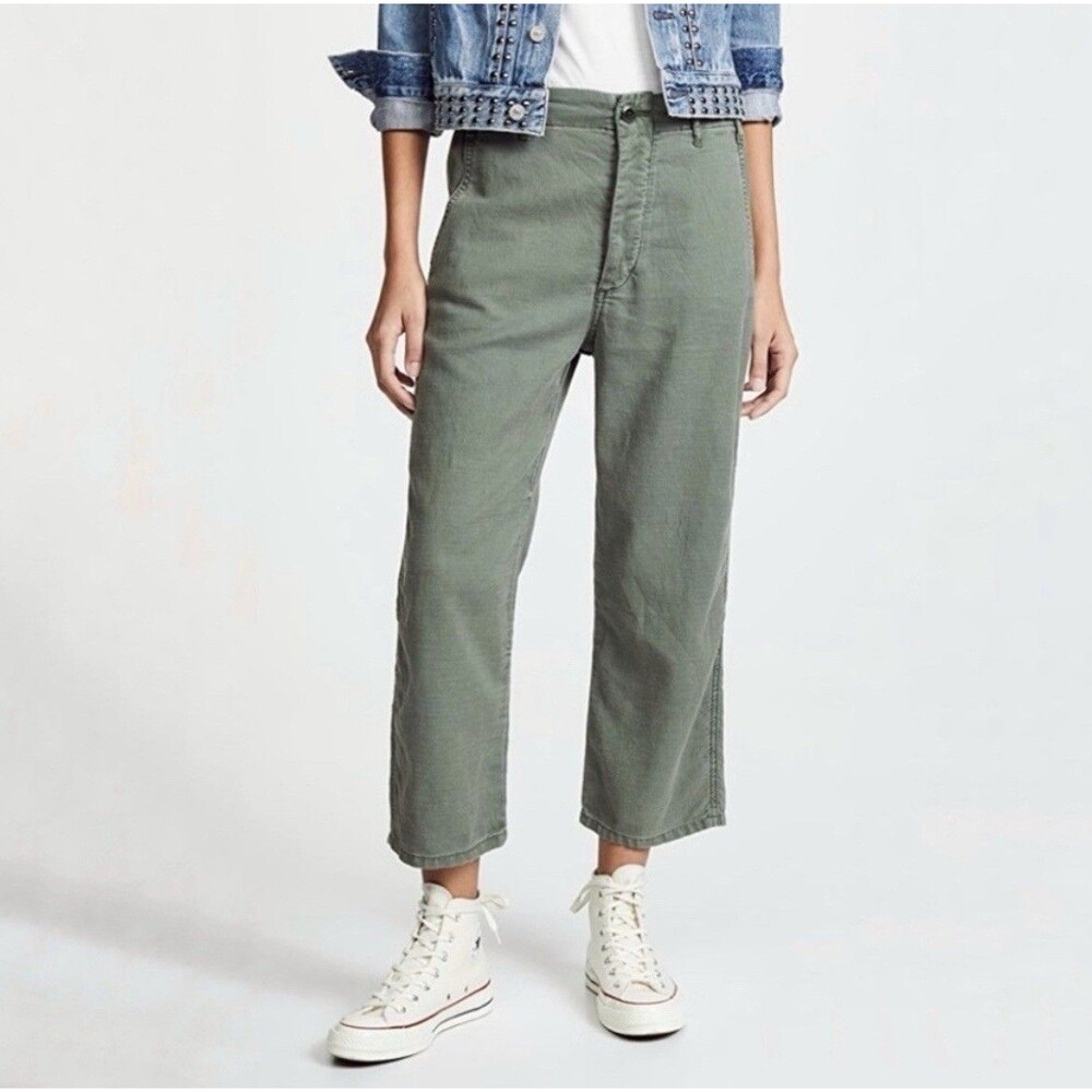 THE GREAT. Olive Green Cropped Wide-Leg Pants